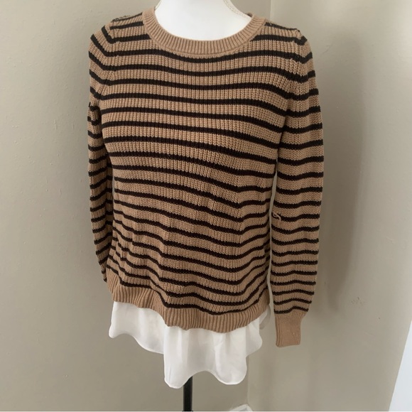 Loft Tan Black Stripe Chunky Knit Faux White Chiffon Layered Sweater Open Back S - Picture 4 of 8